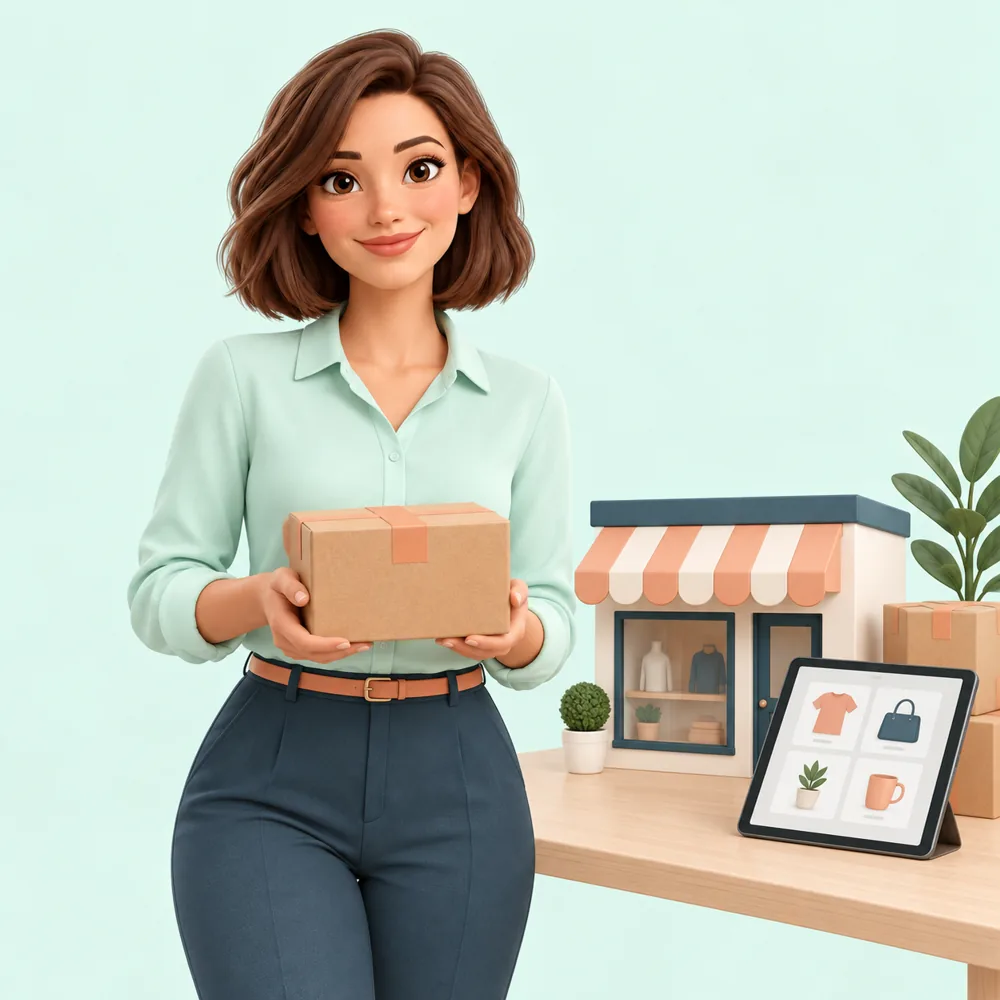 Evie met een pakketje en een voorbeeld van een online winkel